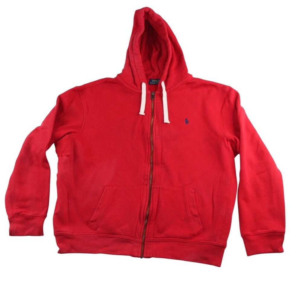 Polo Ralph Lauren 2XL Red Full Zip Distressed Hoodie Sweatshirt Blue Pony - Picture 1 of 14
